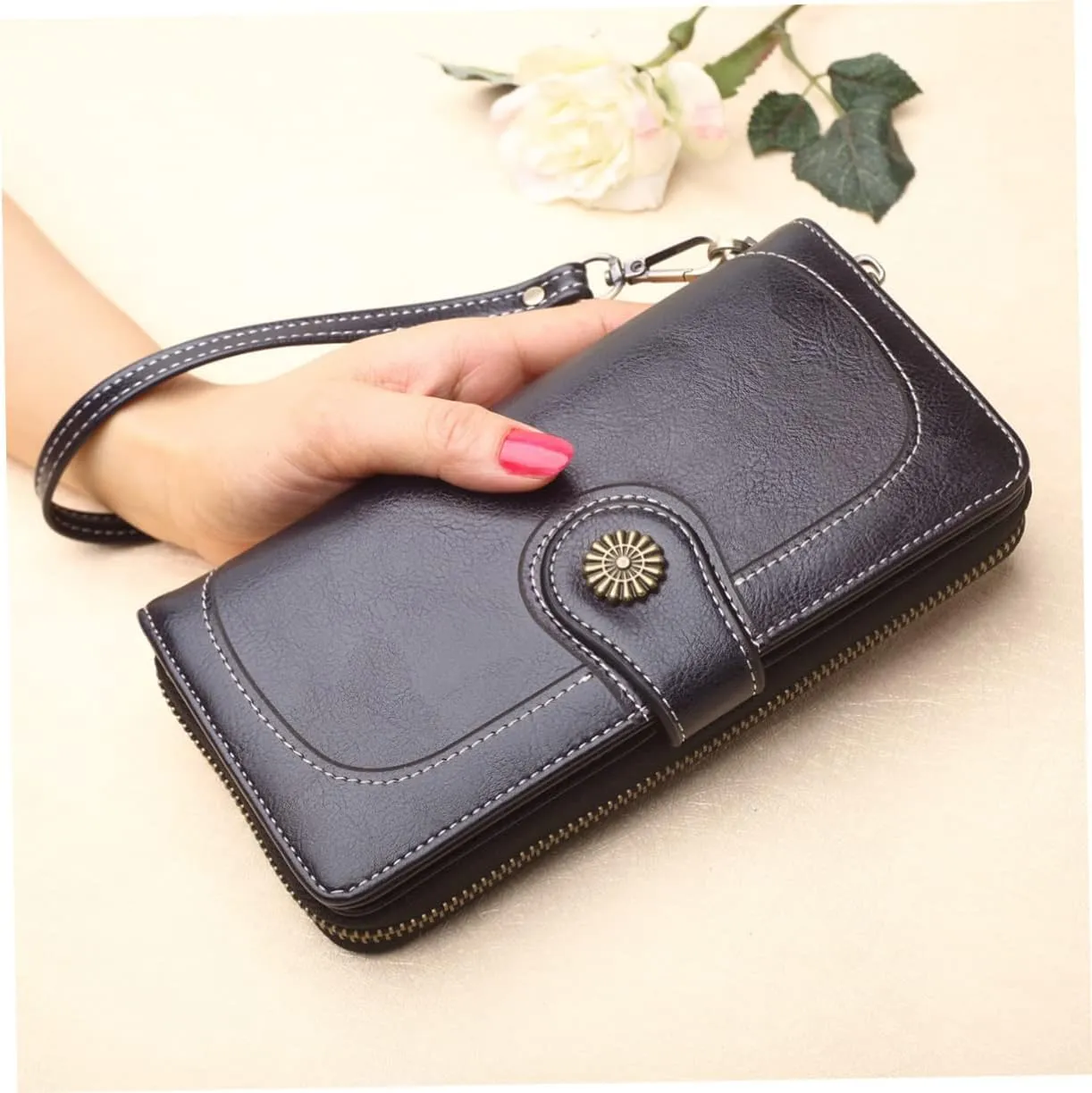 Women's Clutch Purse Black Oily Wax Leather Wallet Long Zipper Handbag
