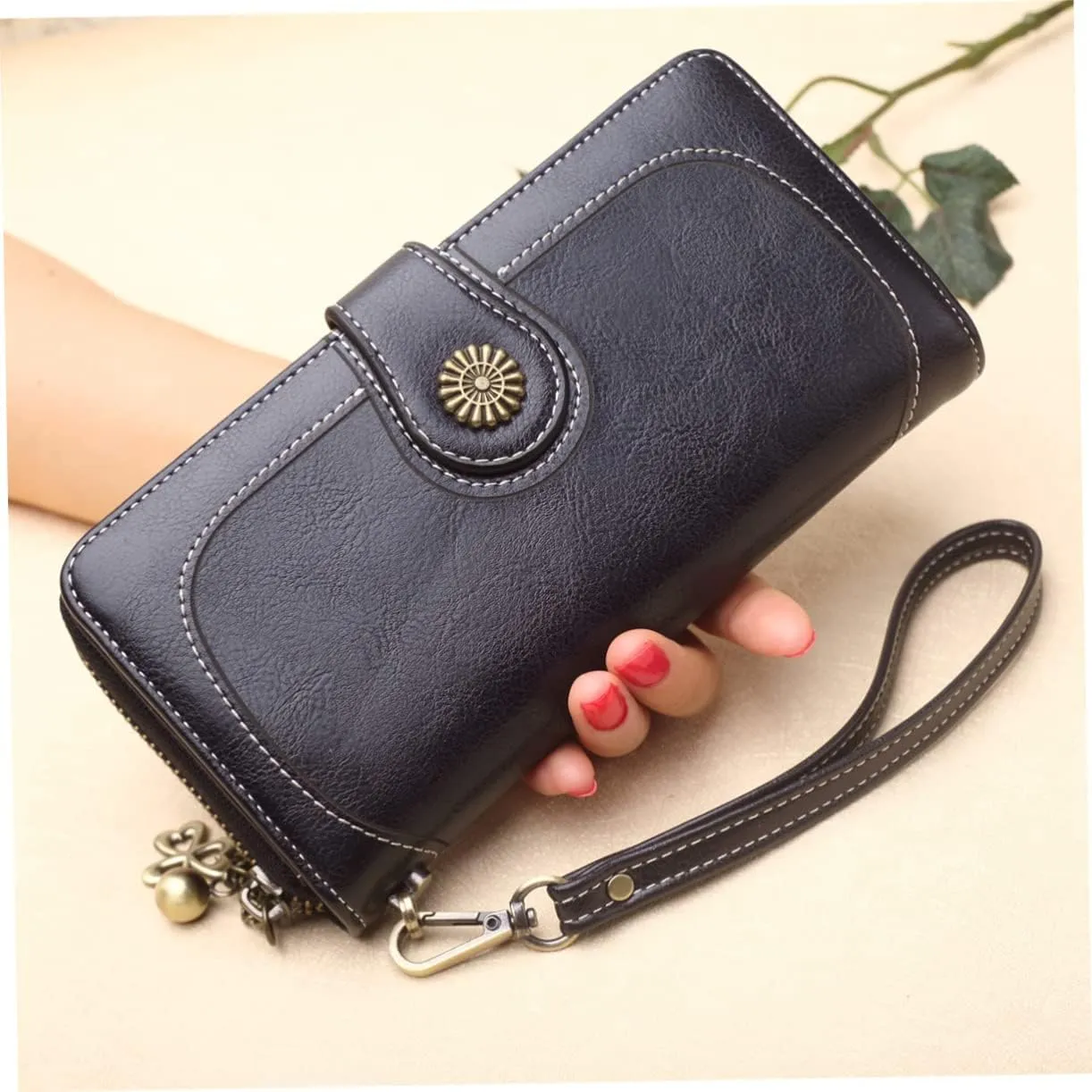 Women's Clutch Purse Black Oily Wax Leather Wallet Long Zipper Handbag