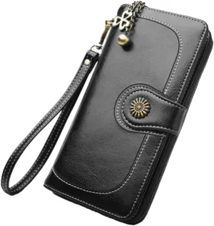 Women's Clutch Purse Black Oily Wax Leather Wallet Long Zipper Handbag