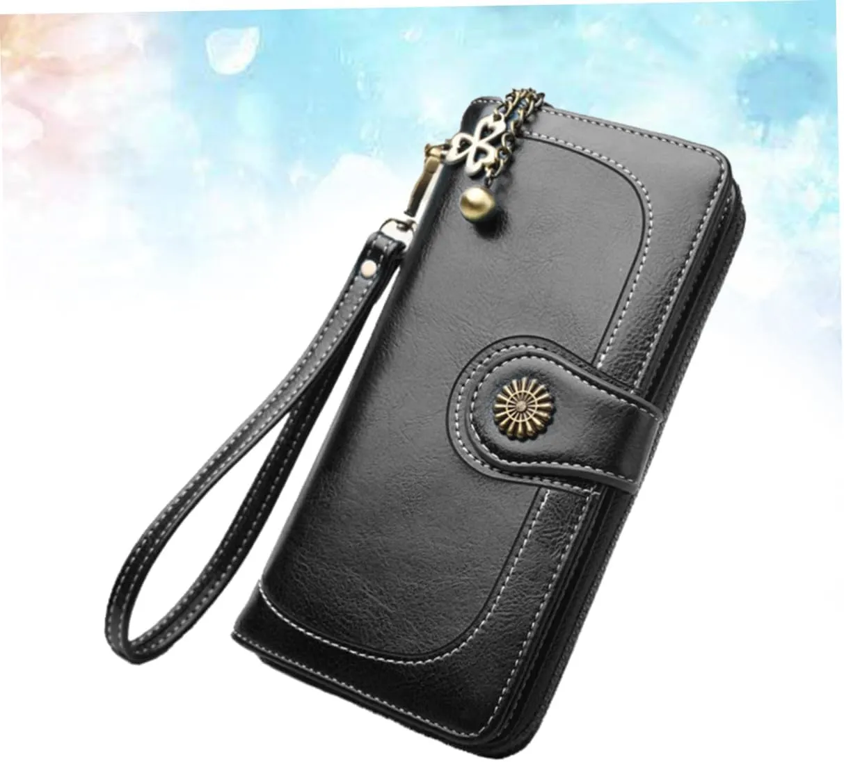 Women's Clutch Purse Black Oily Wax Leather Wallet Long Zipper Handbag