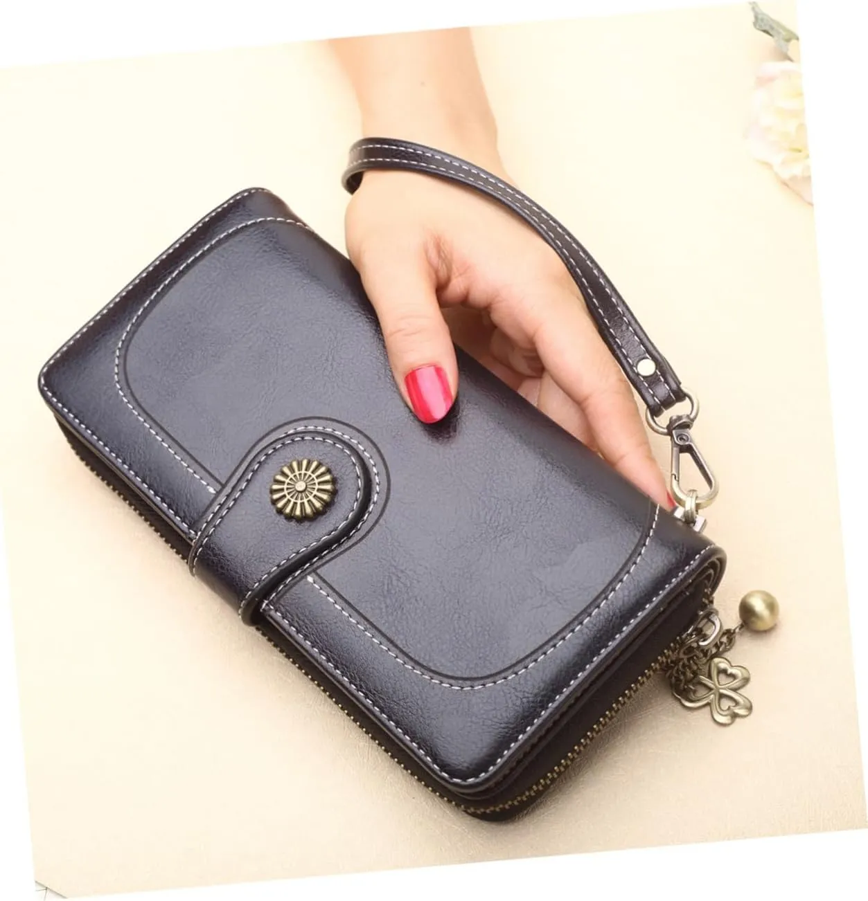 Women's Clutch Purse Black Oily Wax Leather Wallet Long Zipper Handbag
