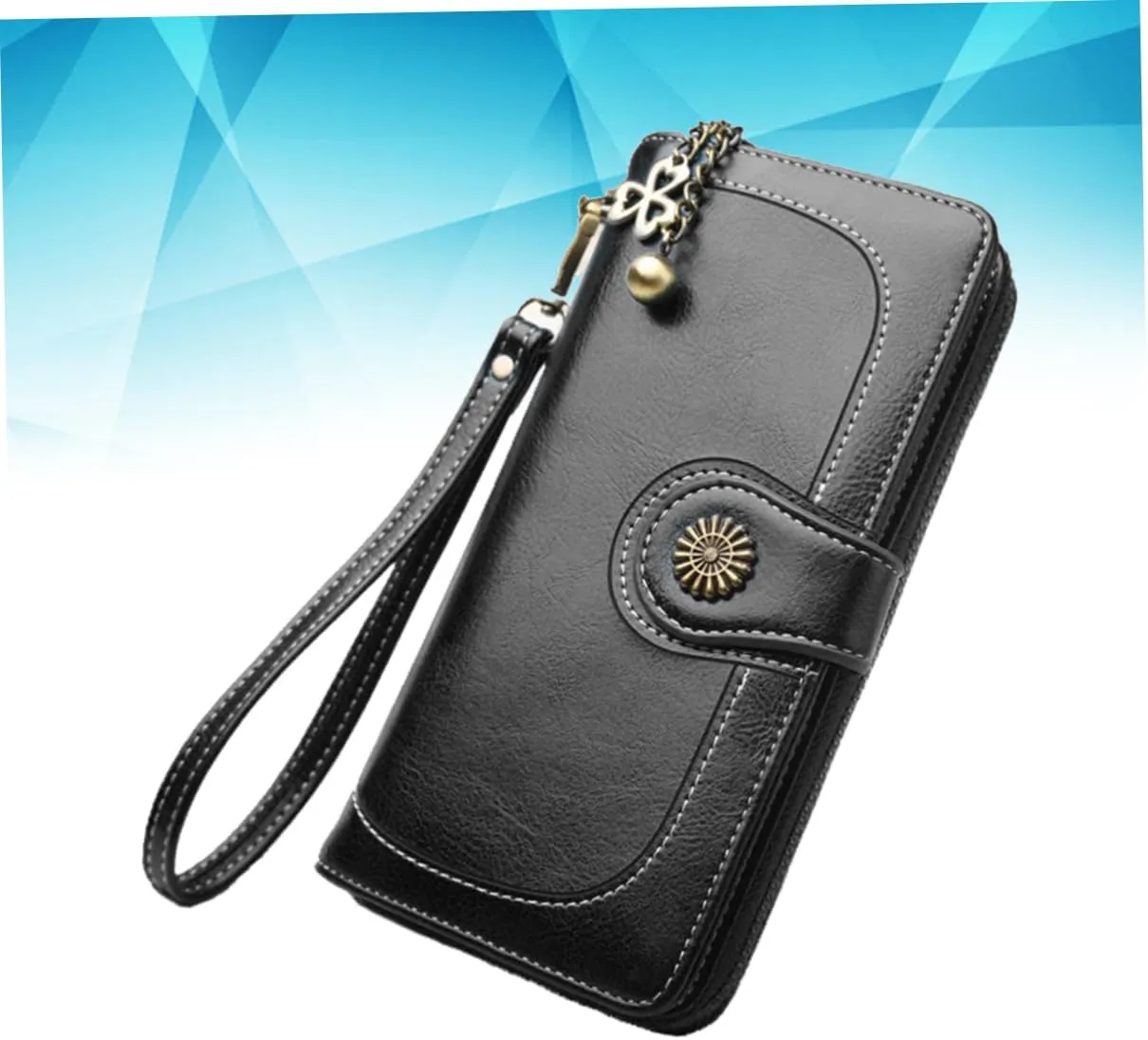 Women's Clutch Purse Black Oily Wax Leather Wallet Long Zipper Handbag