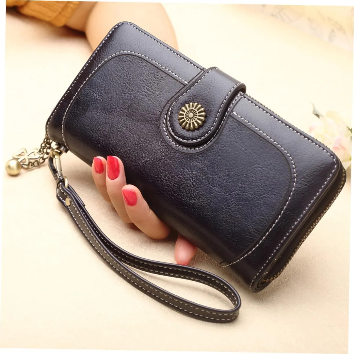 Women's Clutch Purse Black Oily Wax Leather Wallet Long Zipper Handbag