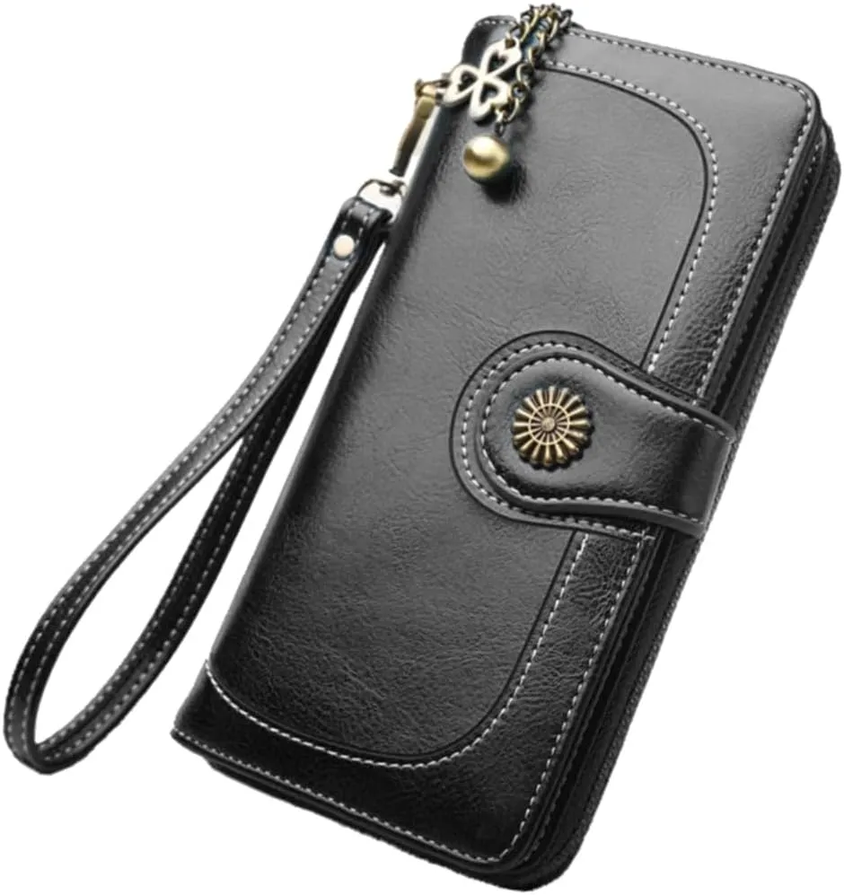 Women's Clutch Purse Black Oily Wax Leather Wallet Long Zipper Handbag