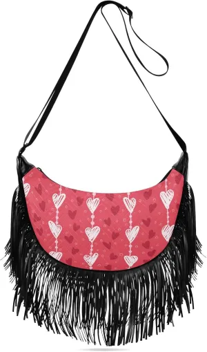 Women's Crossbody Handbags Romantic Pattern White Hearts Fringe Tassel Cross Body Bag Shoulder Handbag