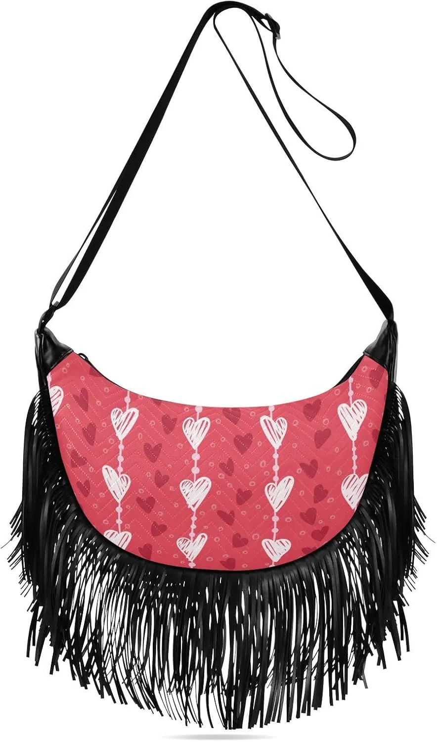 Women's Crossbody Handbags Romantic Pattern White Hearts Fringe Tassel Cross Body Bag Shoulder Handbag