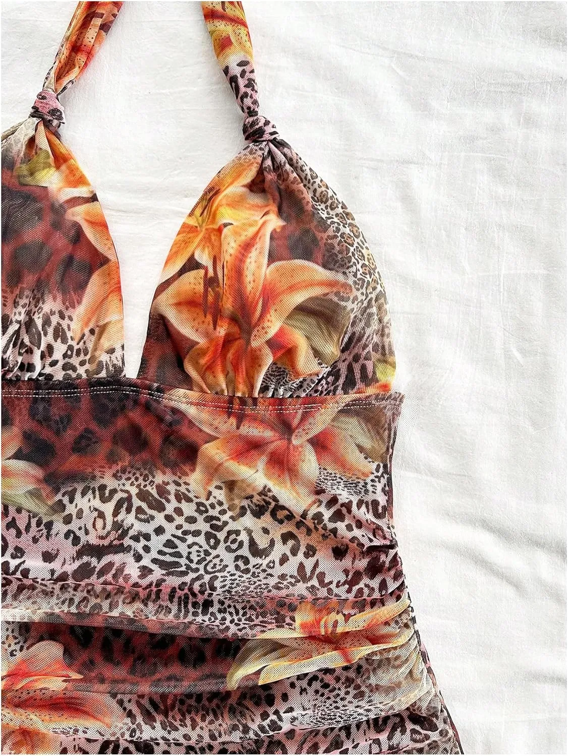 Women's Floral Print Sleeveless Halter Deep V Tie Mini Dress Ruched Backless Slim Fit Cami Dresses Knot Boho Dress