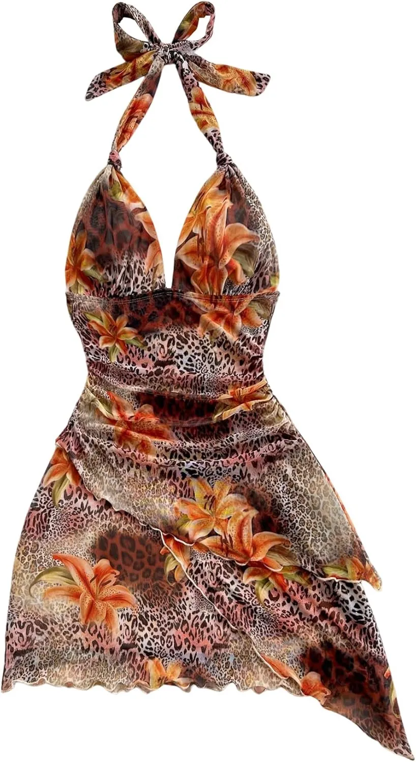 Women's Floral Print Sleeveless Halter Deep V Tie Mini Dress Ruched Backless Slim Fit Cami Dresses Knot Boho Dress