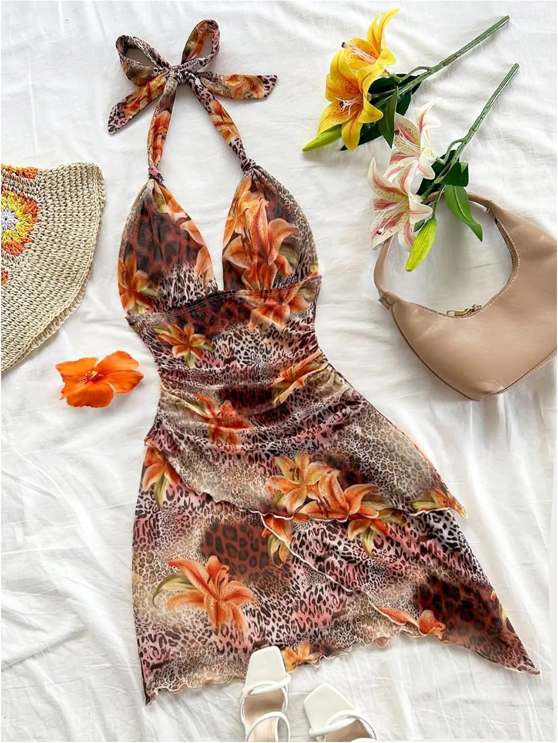 Women's Floral Print Sleeveless Halter Deep V Tie Mini Dress Ruched Backless Slim Fit Cami Dresses Knot Boho Dress