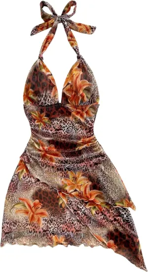 Women's Floral Print Sleeveless Halter Deep V Tie Mini Dress Ruched Backless Slim Fit Cami Dresses Knot Boho Dress