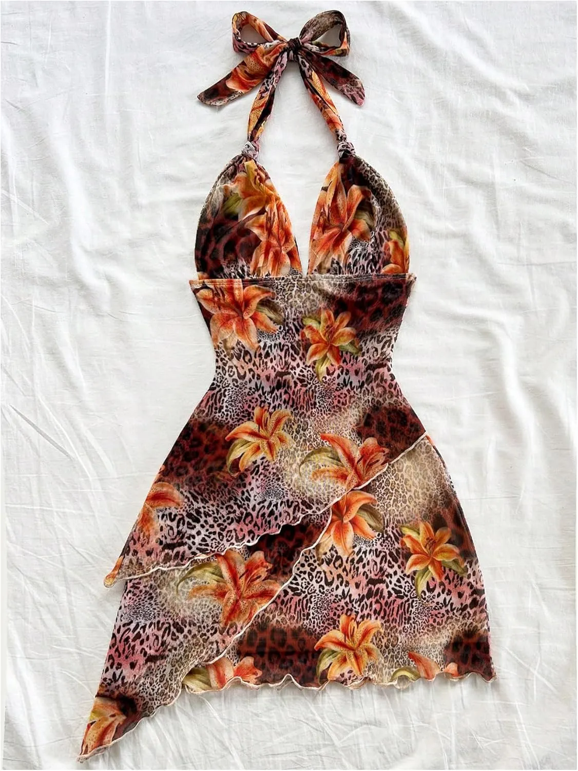 Women's Floral Print Sleeveless Halter Deep V Tie Mini Dress Ruched Backless Slim Fit Cami Dresses Knot Boho Dress