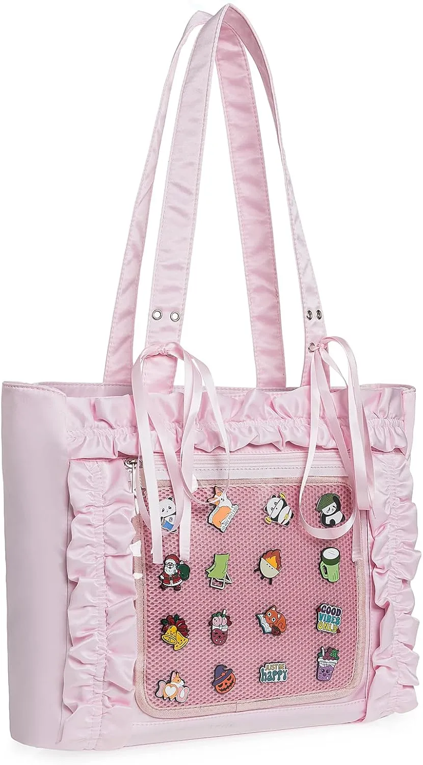 Womens Girls Tote Ita Bag Bowknot Wrinkled Edge Shoulder Bag Kawaii Purses and Handbags with Pin Display