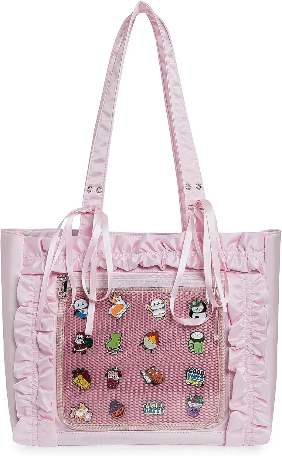 Womens Girls Tote Ita Bag Bowknot Wrinkled Edge Shoulder Bag Kawaii Purses and Handbags with Pin Display