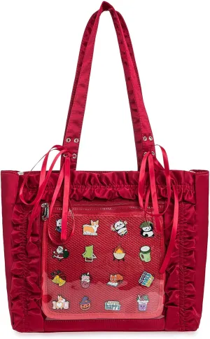 Womens Girls Tote Ita Bag Bowknot Wrinkled Edge Shoulder Bag Kawaii Purses and Handbags with Pin Display