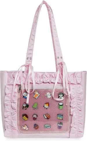 Womens Girls Tote Ita Bag Bowknot Wrinkled Edge Shoulder Bag Kawaii Purses and Handbags with Pin Display