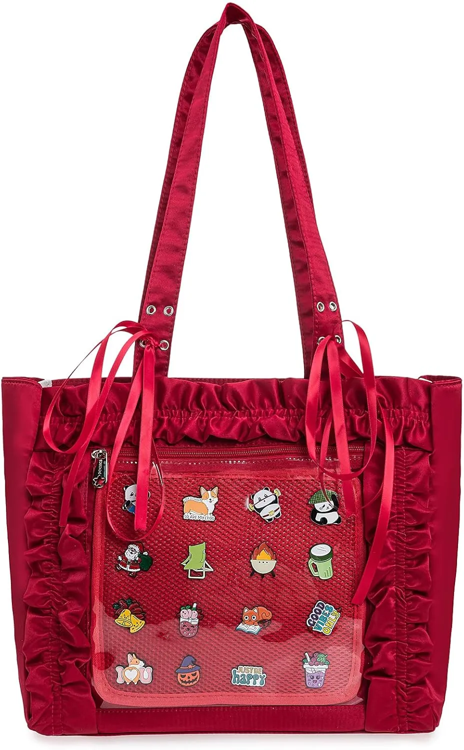 Womens Girls Tote Ita Bag Bowknot Wrinkled Edge Shoulder Bag Kawaii Purses and Handbags with Pin Display