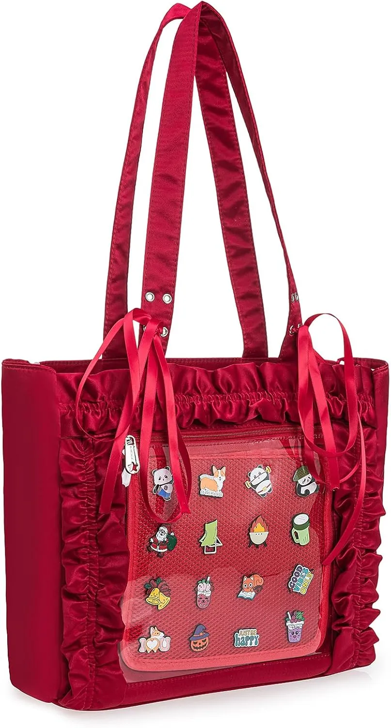Womens Girls Tote Ita Bag Bowknot Wrinkled Edge Shoulder Bag Kawaii Purses and Handbags with Pin Display