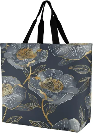 Women's Multi-Functional Shopping Bag，Gray And Gold Printing Messenger Bag Shoulder Bag for Travel, Work, Shopping & Parties with Inner Pocket, Grocery Bag Lightweight & Water-Resistant