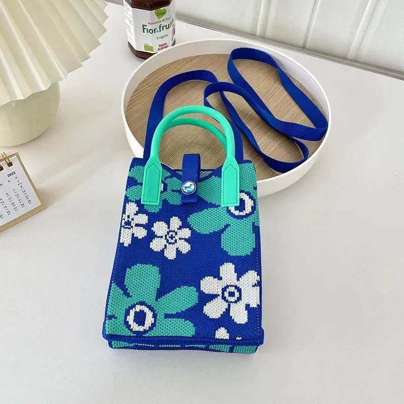 Women's Style Niche Contrast Color Flower Knit Handbags