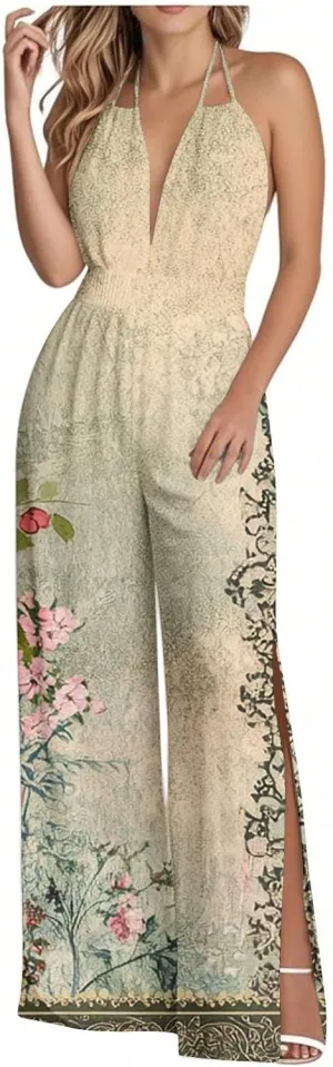 Womens Summer Jumpsuits Dressy Slit Hem Overalls One Piece Outfits Adjustable Backless Halter Wide Leg Pants Rompers
