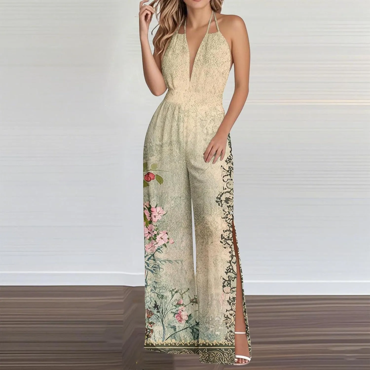 Womens Summer Jumpsuits Dressy Slit Hem Overalls One Piece Outfits Adjustable Backless Halter Wide Leg Pants Rompers