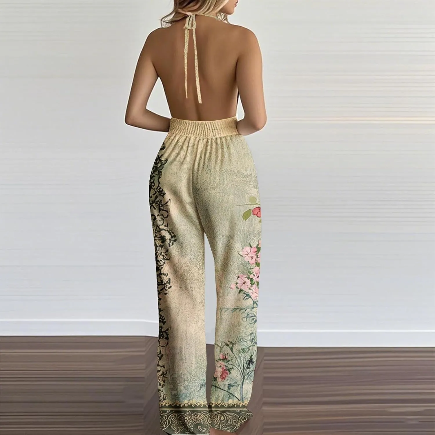 Womens Summer Jumpsuits Dressy Slit Hem Overalls One Piece Outfits Adjustable Backless Halter Wide Leg Pants Rompers