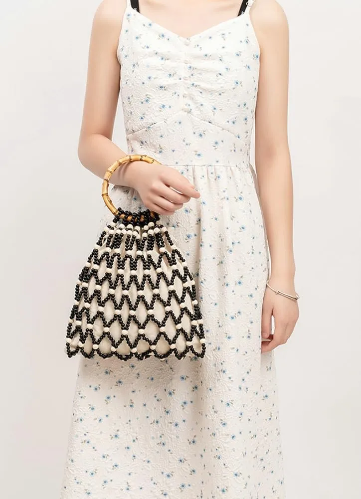 Wooden Bead Purses for Women Beaded Bamboo Handle Tote Purse Straw Bag Chic Hollow-out Handbag Beach Travel 2025