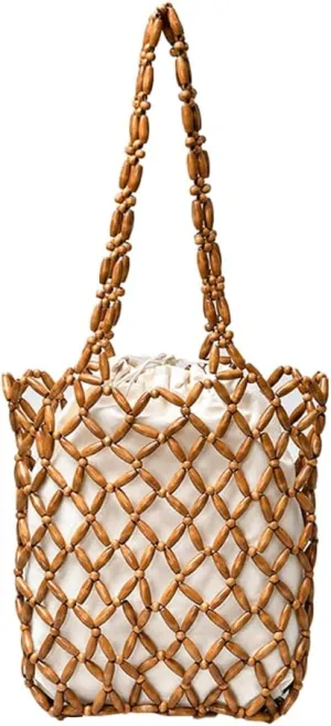 Wooden Bead Purses for Women Beaded Hobo Tote Purse Straw Bag Chic Hollow-out Handbag Beach Travel 2025