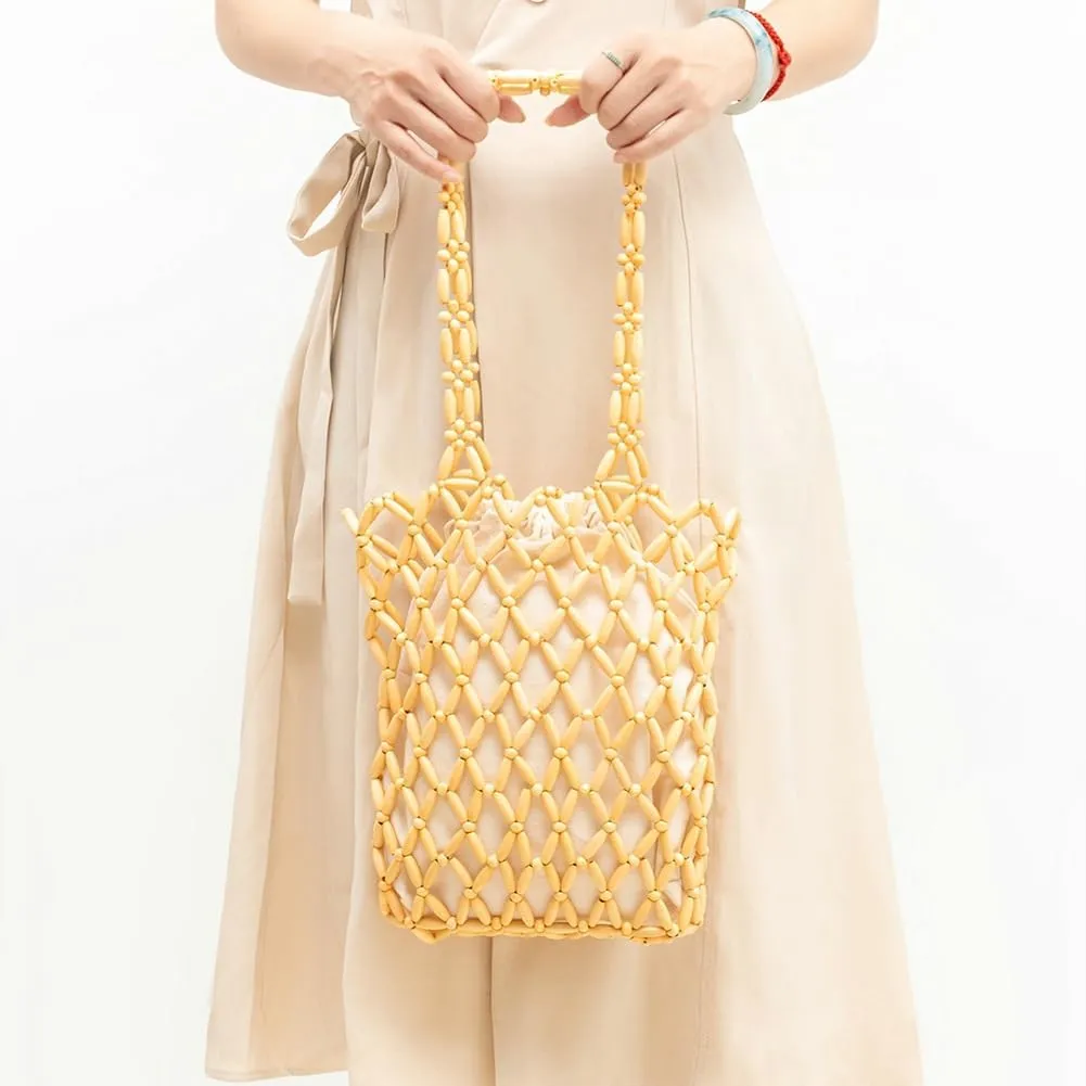 Wooden Bead Purses for Women Beaded Hobo Tote Purse Straw Bag Chic Hollow-out Handbag Beach Travel 2025