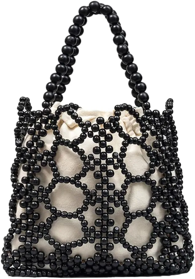 Wooden Bead Purses for Women Beaded Small Tote Purse Straw Bag Hollow-out Handbag Beach Travel 2025