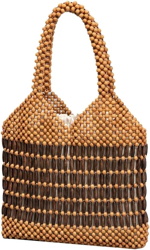 Wooden Bead Purses for Women Beaded Small Tote Purse Straw Purse Chic Hollow-out Handbag for Beach Summer Travel 2025