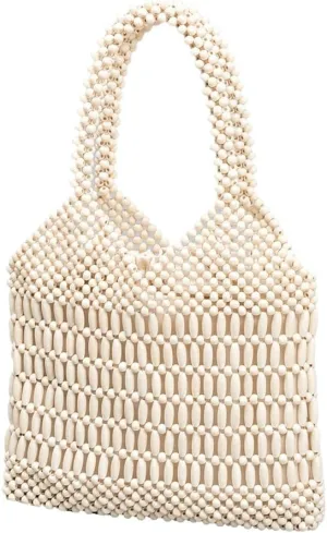Wooden Bead Purses for Women Beaded Small Tote Purse Straw Purse Chic Hollow-out Handbag for Beach Summer Travel 2025