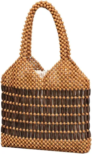Wooden Bead Purses for Women Beaded Small Tote Purse Straw Purse Chic Hollow-out Handbag for Beach Summer Travel 2025