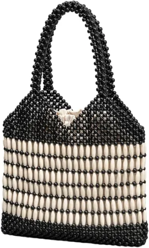Wooden Bead Purses for Women Beaded Small Tote Purse Straw Purse Chic Hollow-out Handbag for Beach Summer Travel 2025