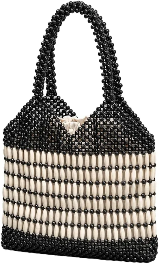 Wooden Bead Purses for Women Beaded Small Tote Purse Straw Purse Chic Hollow-out Handbag for Beach Summer Travel 2025