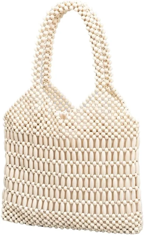 Wooden Bead Purses for Women Beaded Small Tote Purse Straw Purse Chic Hollow-out Handbag for Beach Summer Travel 2025