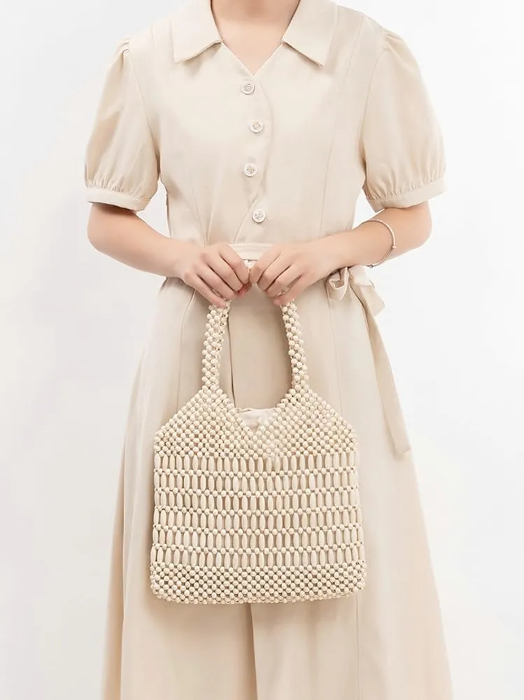 Wooden Bead Purses for Women Beaded Small Tote Purse Straw Purse Chic Hollow-out Handbag for Beach Summer Travel 2025