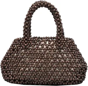 Wooden Bead Purses for Women Beaded Small Tote Purse Straw Purse Chic Hollow-out Handbag for Beach Summer Travel