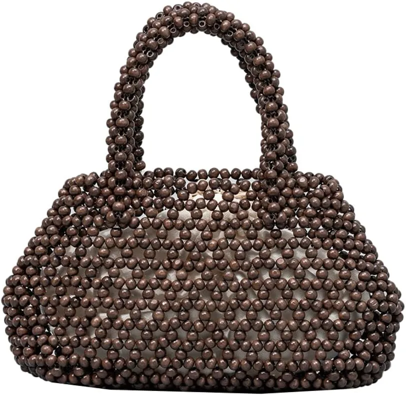 Wooden Bead Purses for Women Beaded Small Tote Purse Straw Purse Chic Hollow-out Handbag for Beach Summer Travel