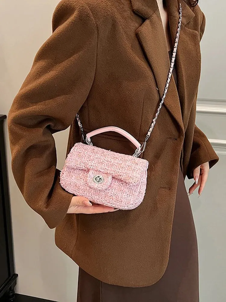Woolen Tweed Chain Crossbody Bag