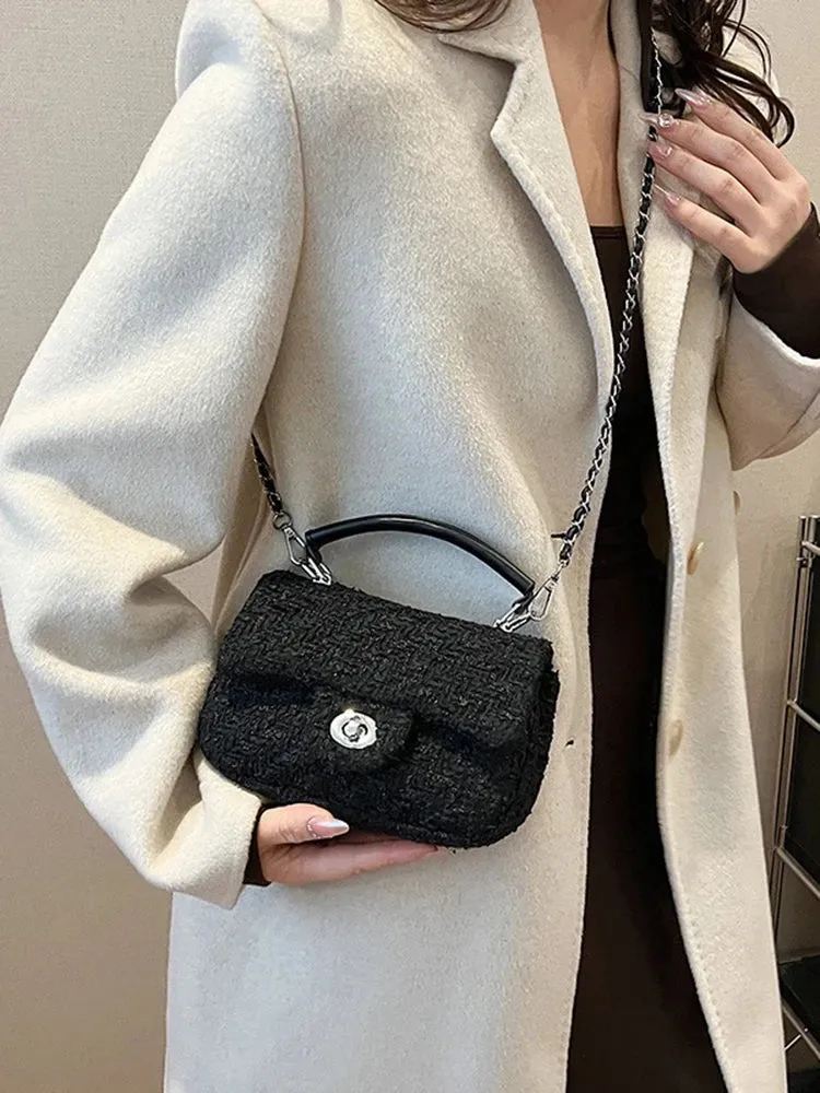 Woolen Tweed Chain Crossbody Bag