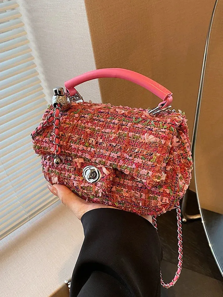 Woolen Tweed Chain Crossbody Bag