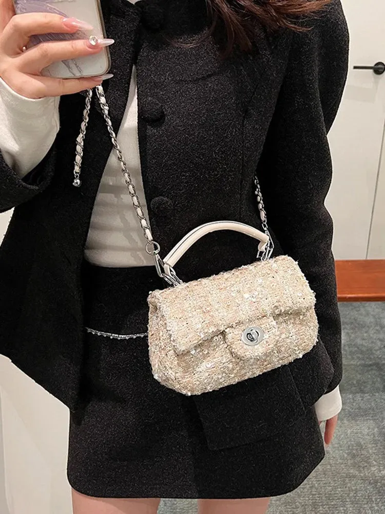 Woolen Tweed Chain Crossbody Bag