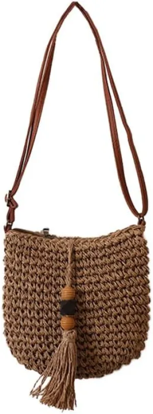 Woven Bag for Women Summer Beach Travel Handbag and Purse Retro Handmade Shoulder Bag Crossbody Bag Brown