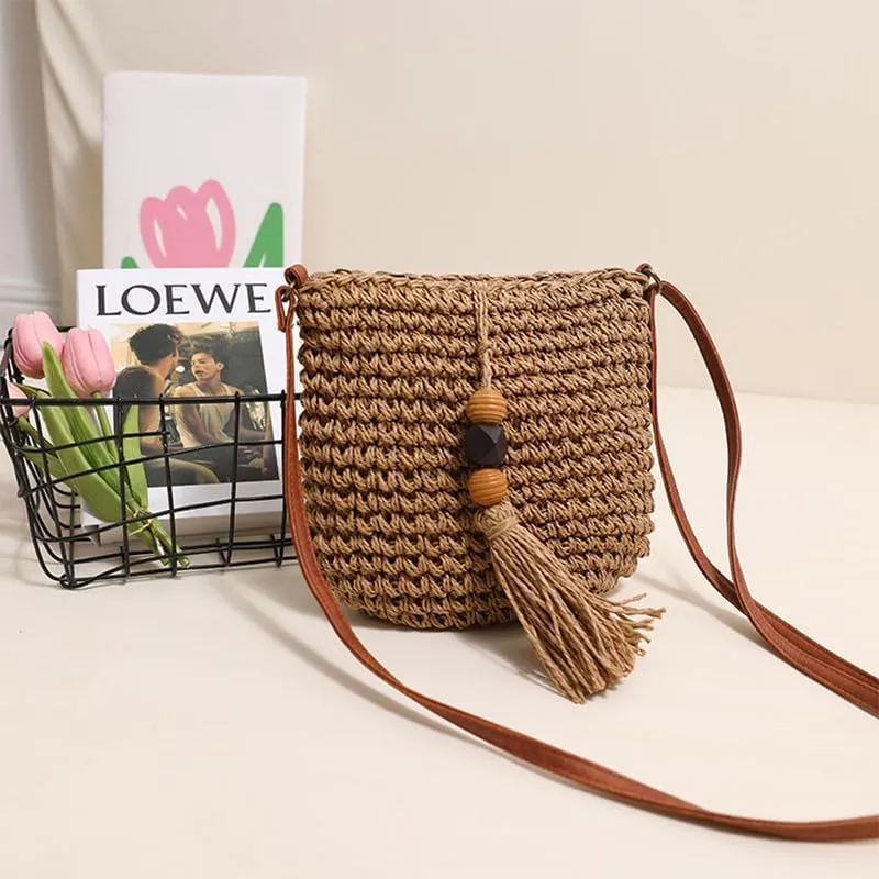 Woven Bag for Women Summer Beach Travel Handbag and Purse Retro Handmade Shoulder Bag Crossbody Bag Brown