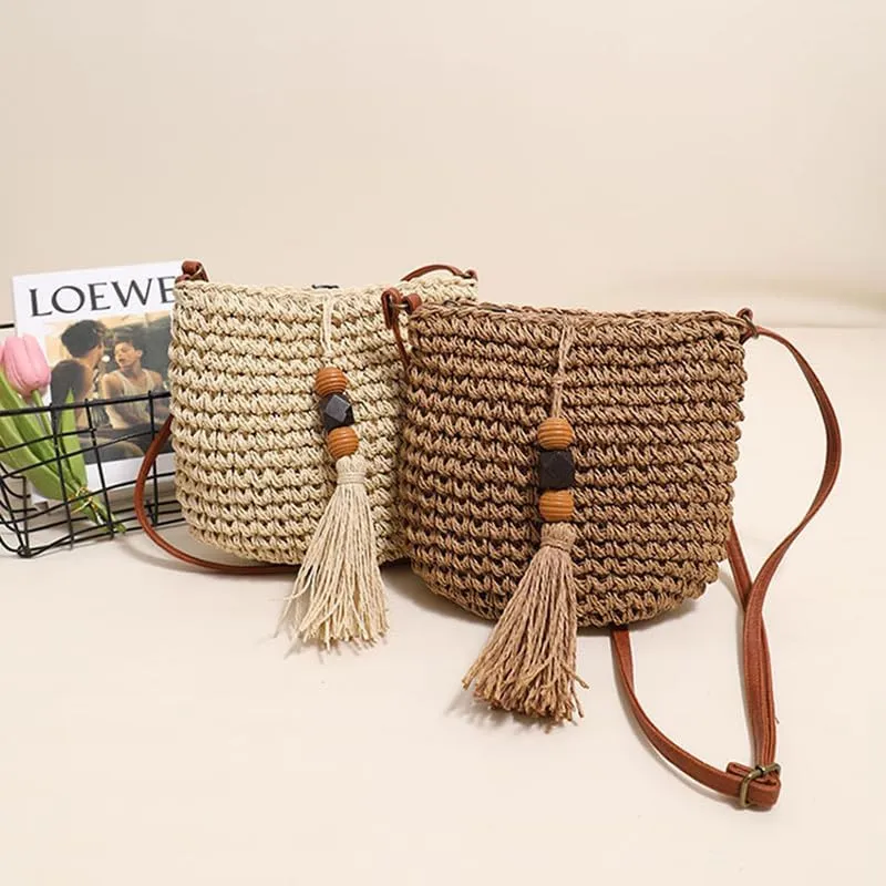 Woven Bag for Women Summer Beach Travel Handbag and Purse Retro Handmade Shoulder Bag Crossbody Bag Brown