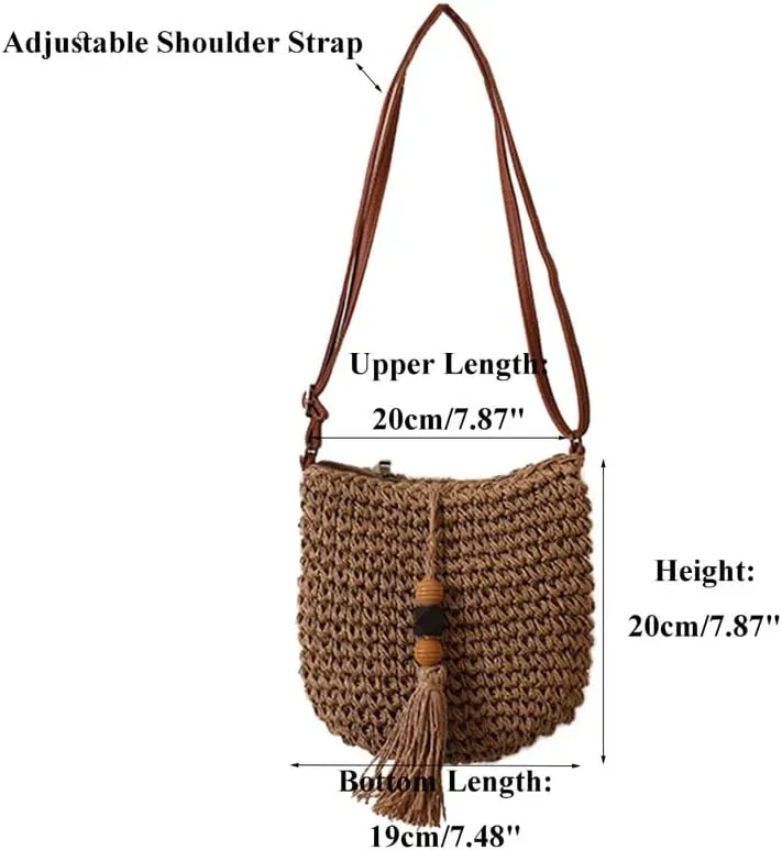 Woven Bag for Women Summer Beach Travel Handbag and Purse Retro Handmade Shoulder Bag Crossbody Bag Brown