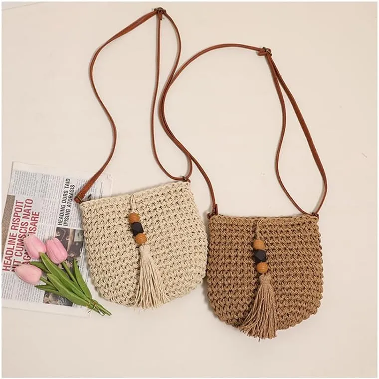 Woven Bag for Women Summer Beach Travel Handbag and Purse Retro Handmade Shoulder Bag Crossbody Bag Brown