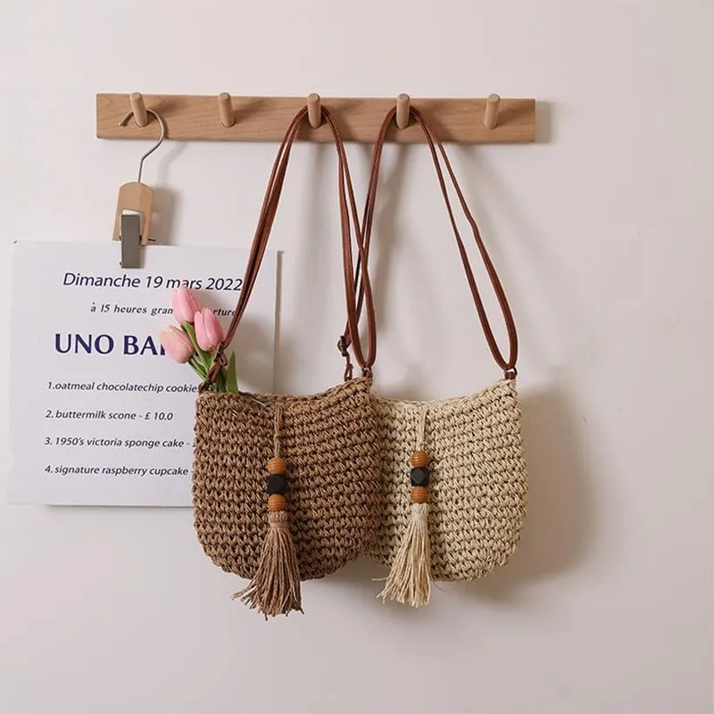 Woven Bag for Women Summer Beach Travel Handbag and Purse Retro Handmade Shoulder Bag Crossbody Bag Brown