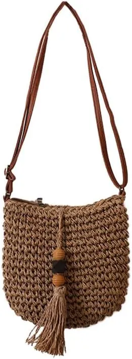 Woven Bag for Women Summer Beach Travel Handbag and Purse Retro Handmade Shoulder Bag Crossbody Bag Brown